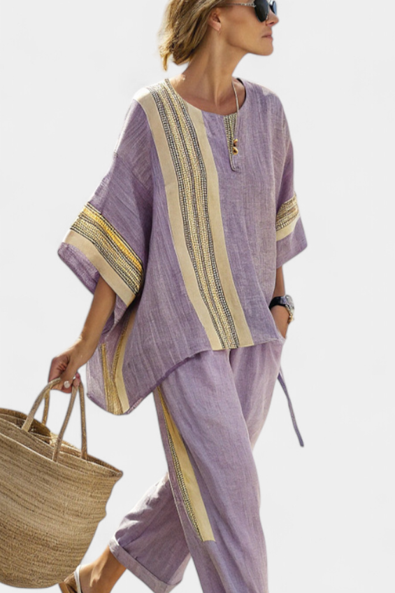 Elegant Lavender Top & Mustard Striped Trousers – Casual Wear, Stylish Outfit