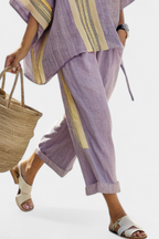 Elegant Lavender Top & Mustard Striped Trousers – Casual Wear, Stylish Outfit