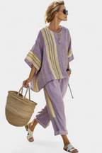 Elegant Lavender Top & Mustard Striped Trousers – Casual Wear, Stylish Outfit