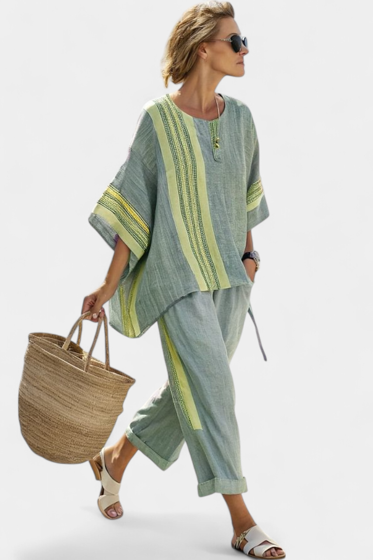 Elegant Lavender Top & Mustard Striped Trousers – Casual Wear, Stylish Outfit