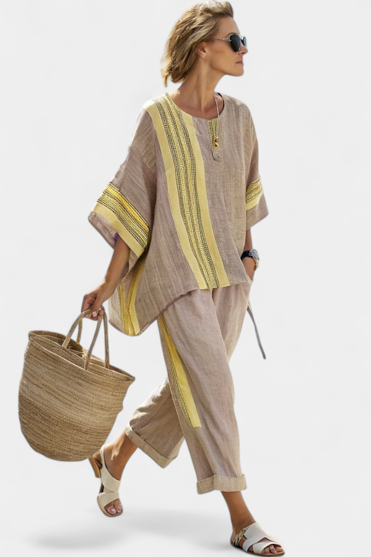 Elegant Lavender Top & Mustard Striped Trousers – Casual Wear, Stylish Outfit