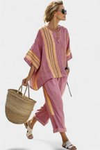 Elegant Lavender Top & Mustard Striped Trousers – Casual Wear, Stylish Outfit