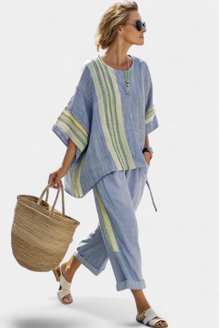 Elegant Lavender Top & Mustard Striped Trousers – Casual Wear, Stylish Outfit