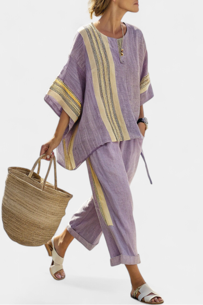Elegant Lavender Top & Mustard Striped Trousers – Casual Wear, Stylish Outfit