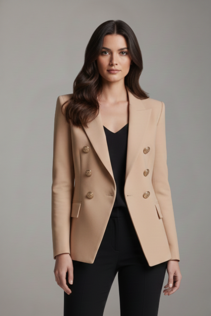 Women's Double-Breasted Blazer with Gold-Tone Button Details – Office, Everyday