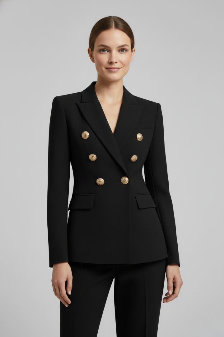 Women's Double-Breasted Blazer with Gold-Tone Button Details – Office, Everyday