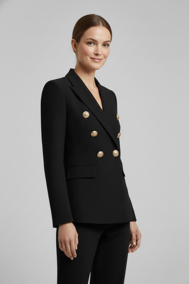 Women's Double-Breasted Blazer with Gold-Tone Button Details – Office, Everyday