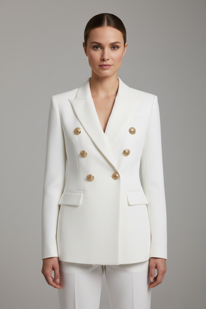 Women's Double-Breasted Blazer with Gold-Tone Button Details – Office, Everyday