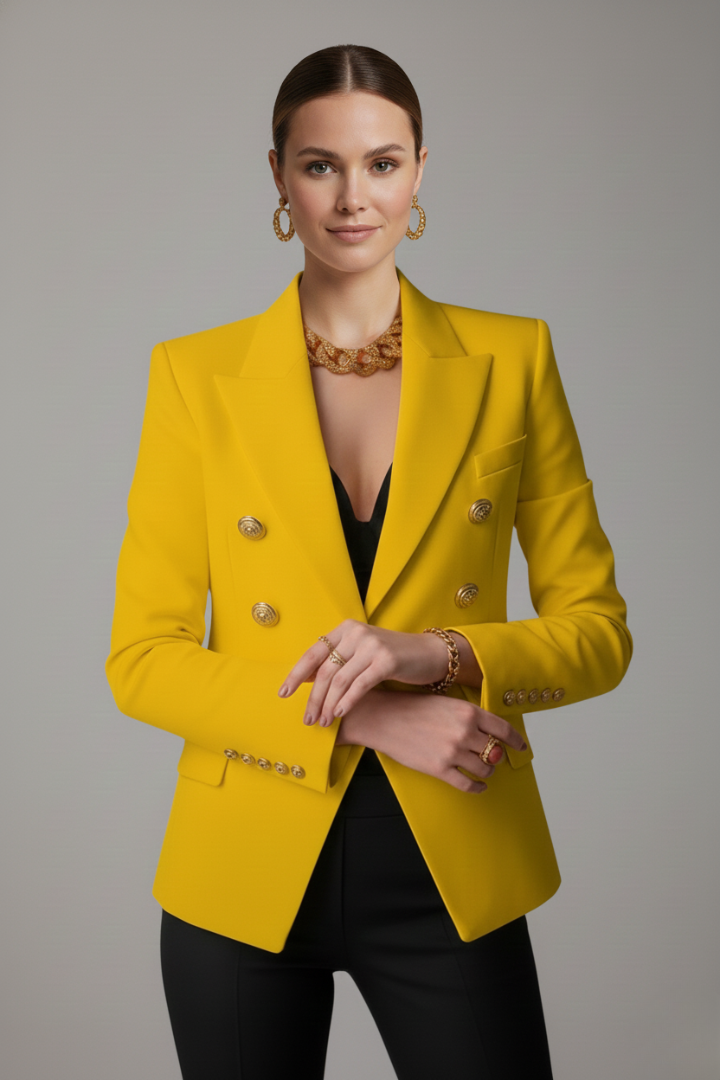 Women's Double-Breasted Blazer with Gold-Tone Button Details – Office, Everyday