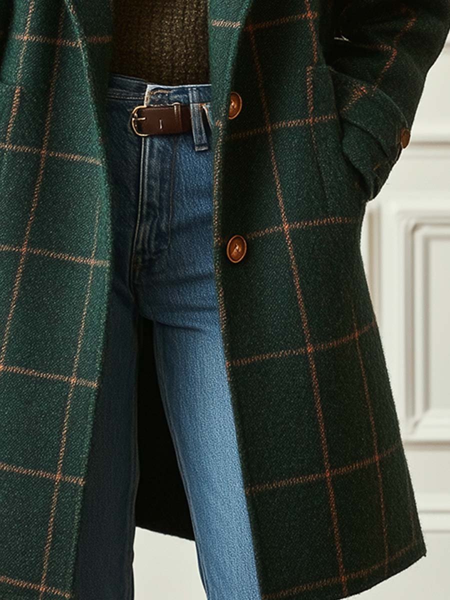 Women's Plaid Tweed Coat with Lapel – Casual, Office