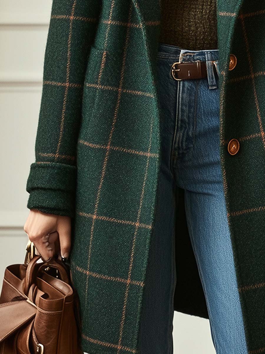 Women's Plaid Tweed Coat with Lapel – Casual, Office