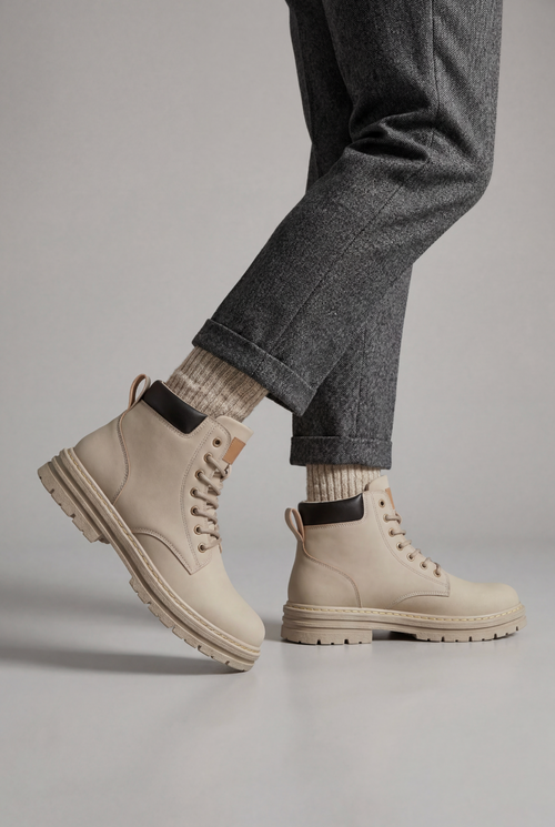 Ankle Boots Beige Lace-Up Men's Chunky Lug Sole – Casual, Everyday Winter Combat Footwear