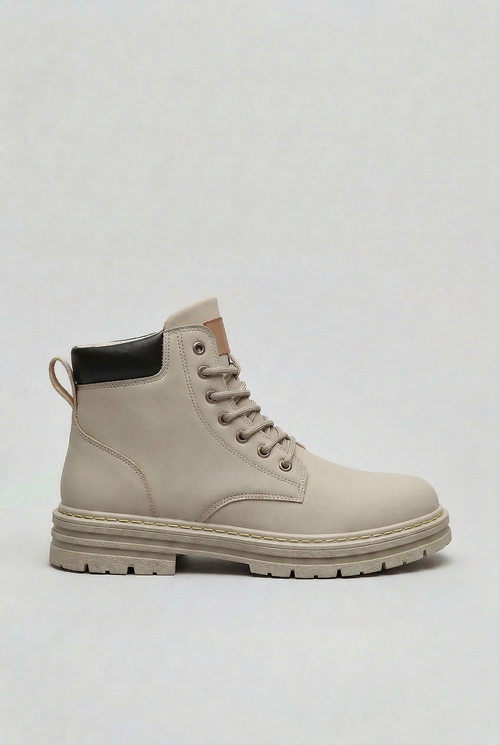 Ankle Boots Beige Lace-Up Men's Chunky Lug Sole – Casual, Everyday Winter Combat Footwear