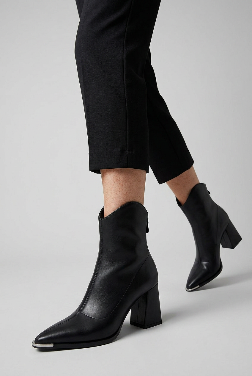 Ankle Boots Black Block Heel Women's Pointed Toe Leather-Look Side Zip – Office, Casual, Gift