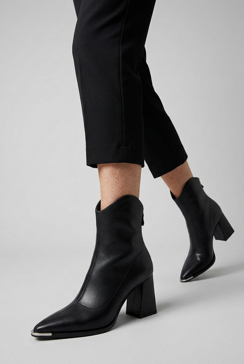 Ankle Boots Black Block Heel Women's Pointed Toe Leather-Look Side Zip – Office, Casual, Gift