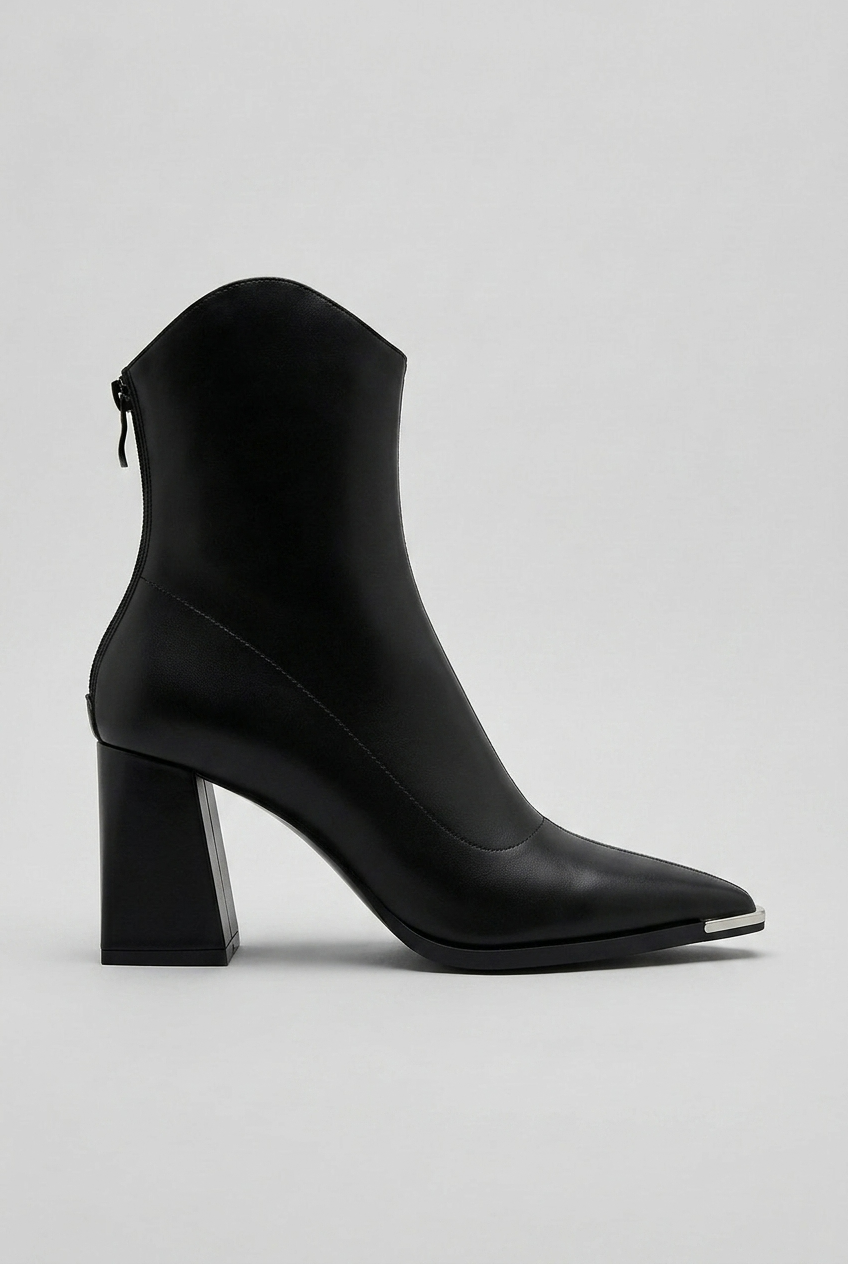 Ankle Boots Black Block Heel Women's Pointed Toe Leather-Look Side Zip – Office, Casual, Gift