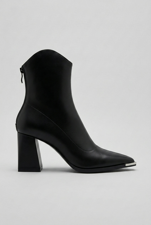 Ankle Boots Black Block Heel Women's Pointed Toe Leather-Look Side Zip – Office, Casual, Gift