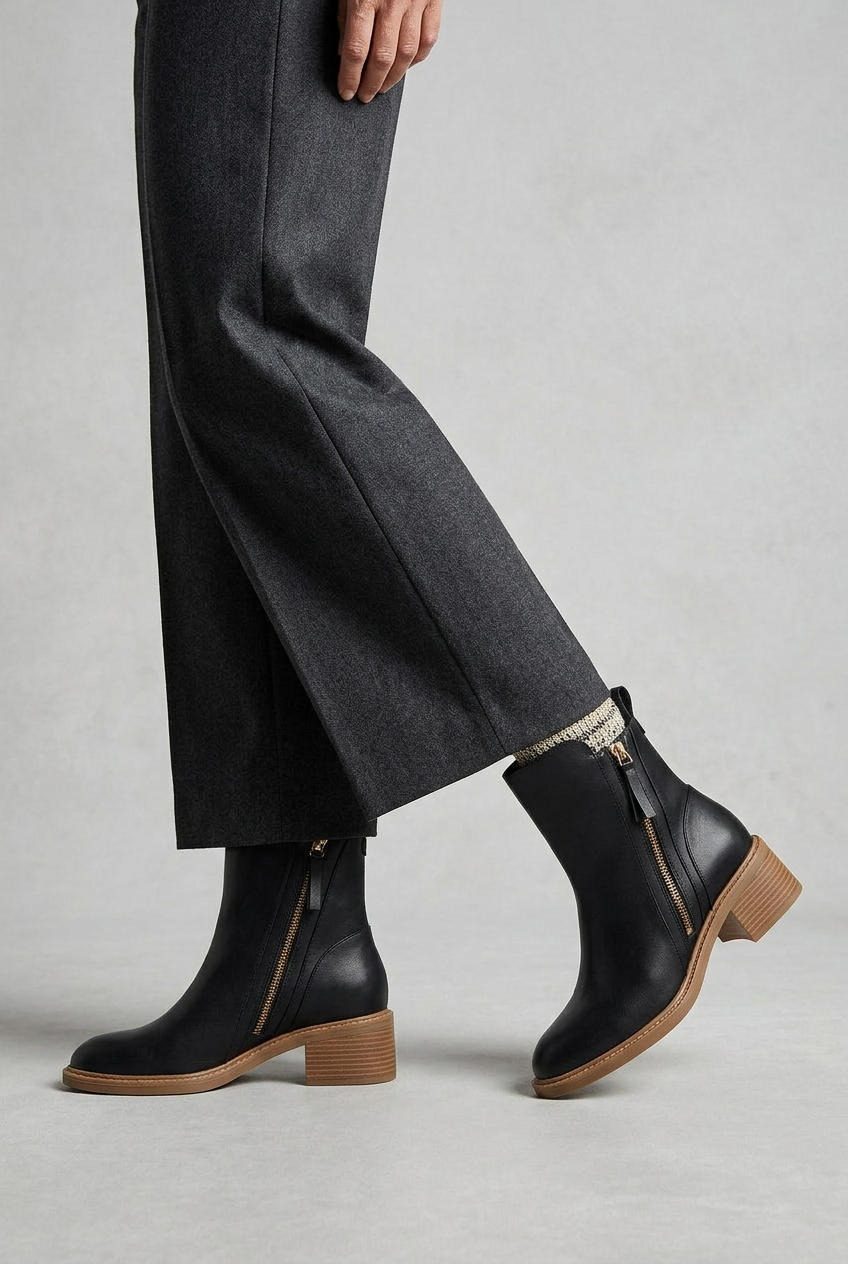 Ankle Boots Black Faux Leather Block Heel Women's Side Zip – Casual, Office · Werune