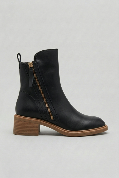 Ankle Boots Black Faux Leather Block Heel Women's Side Zip – Casual, Office · Werune