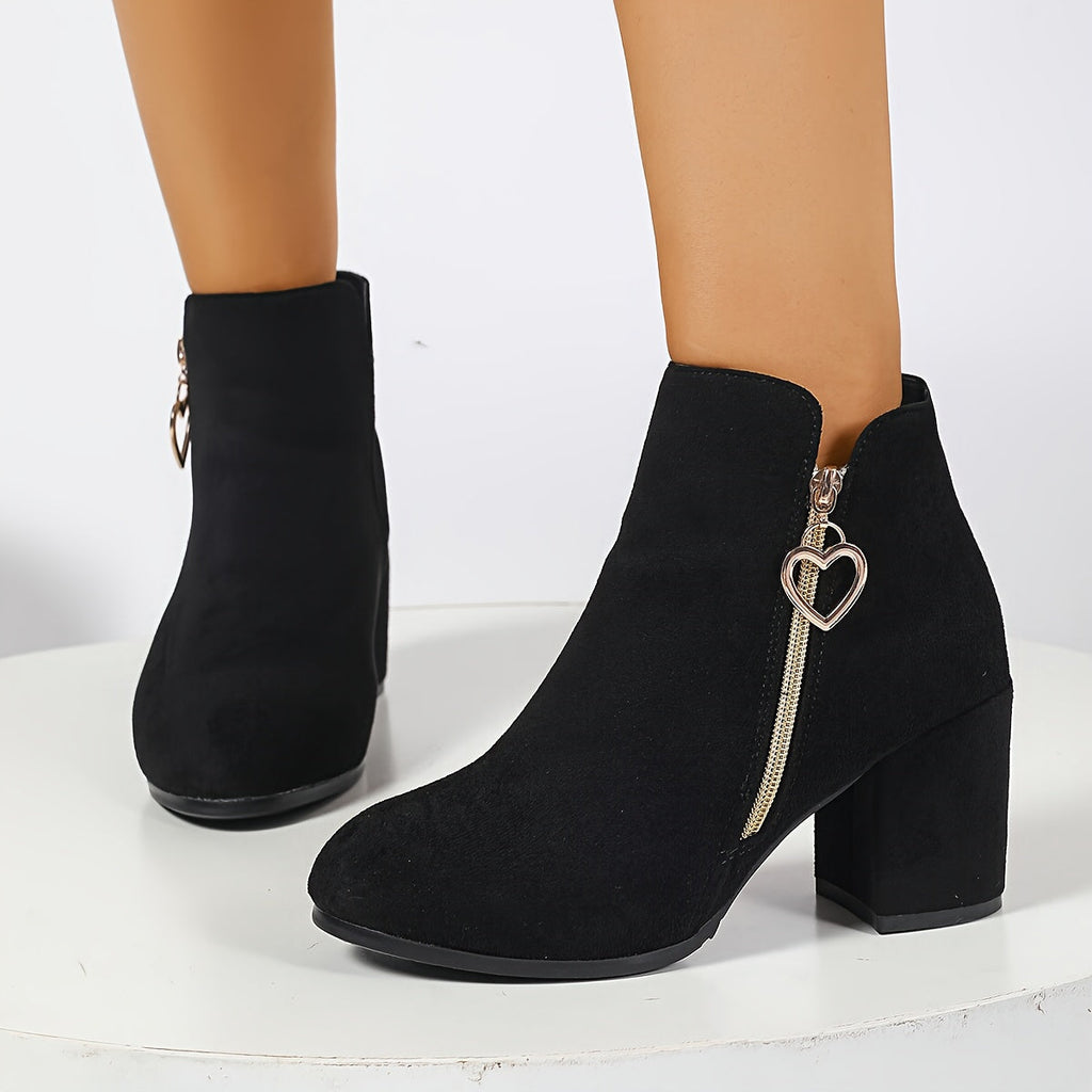 Ankle Boots Block Heel Suede Women's Heart Zip Black – Office, Holiday, Casual, Gift