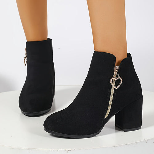 Ankle Boots Block Heel Suede Women's Heart Zip Black – Office, Holiday, Casual, Gift