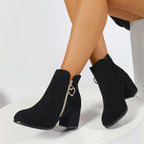 Ankle Boots Block Heel Suede Women's Heart Zip Black – Office, Holiday, Casual, Gift