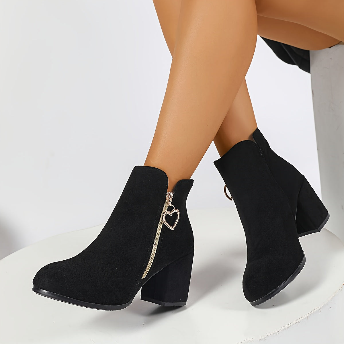 Ankle Boots Block Heel Suede Women's Heart Zip Black – Office, Holiday, Casual, Gift