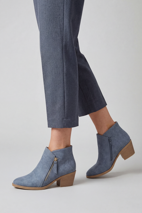 Ankle Boots Faux Suede Blue Women's Block Heel Side Zip – Casual, Office, Holiday, Gift