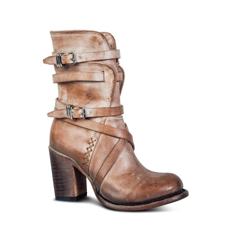 Ankle Boots Leather Strap Block Heel Women's Zip – Casual, Autumn Vintage Distressed Footwear