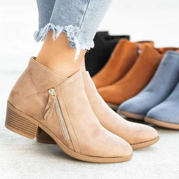 Ankle Boots Suede Blue Block Heel Side Zip Women's – Casual, Office, Autumn, Everyday Wear