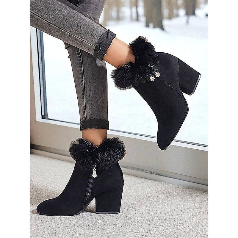 Ankle Boots Suede Faux Fur Block Heel Women's – Casual, Office, Holiday, Gift · Werune