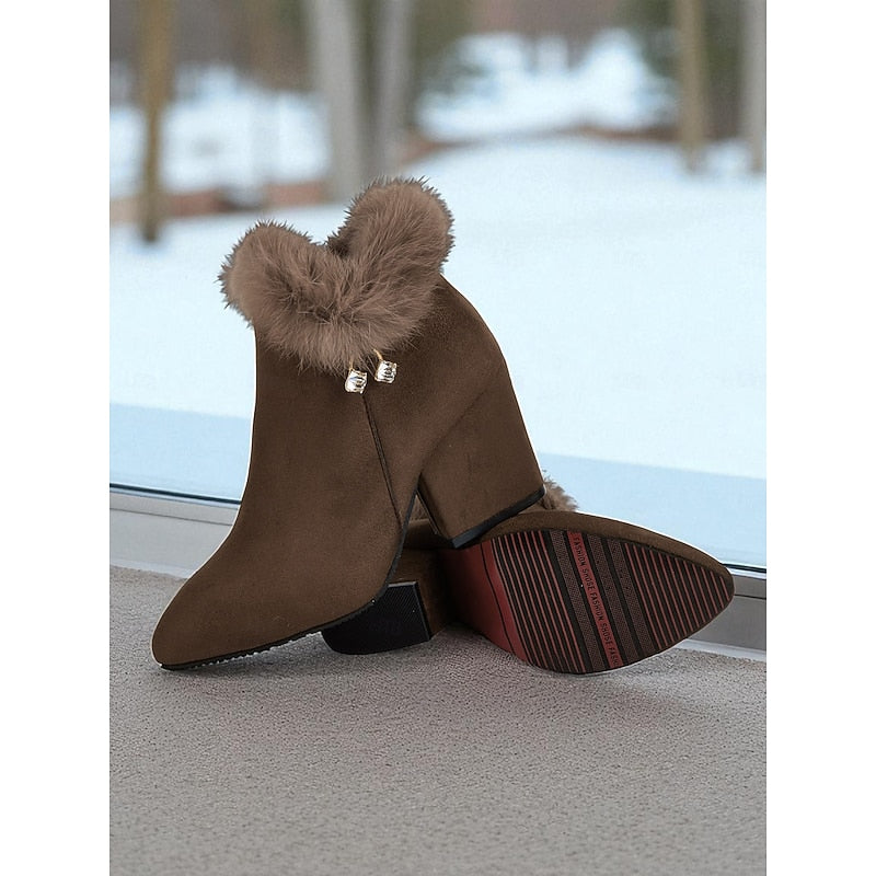 Ankle Boots Suede Faux Fur Block Heel Women's – Casual, Office, Holiday, Gift · Werune