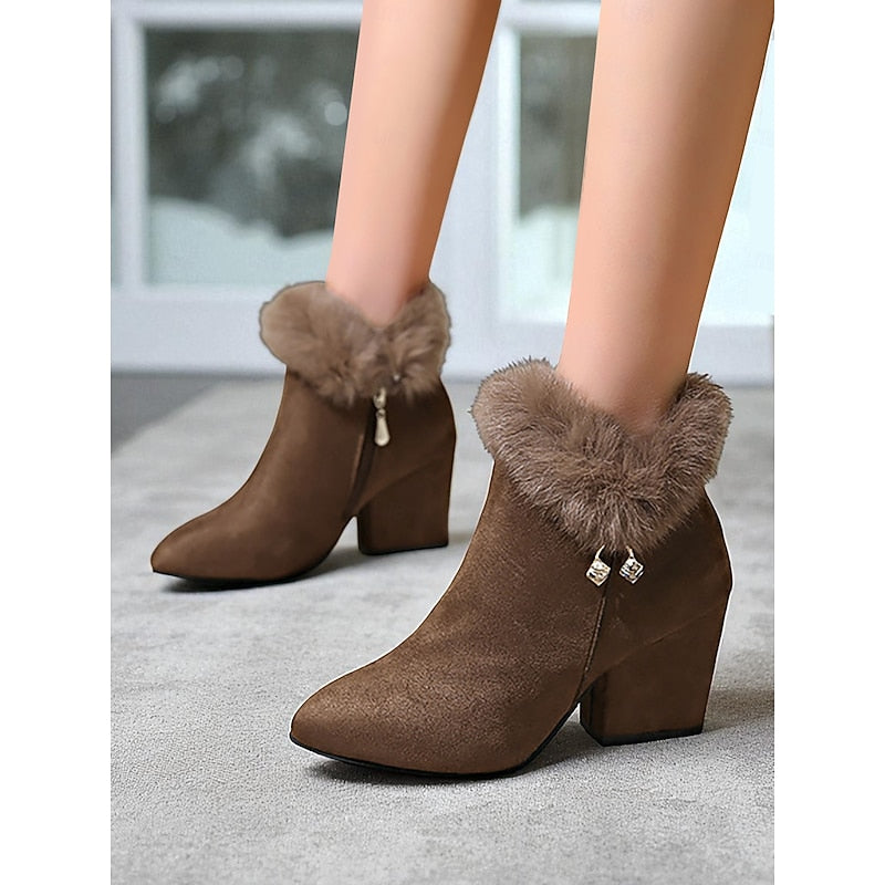 Ankle Boots Suede Faux Fur Block Heel Women's – Casual, Office, Holiday, Gift · Werune