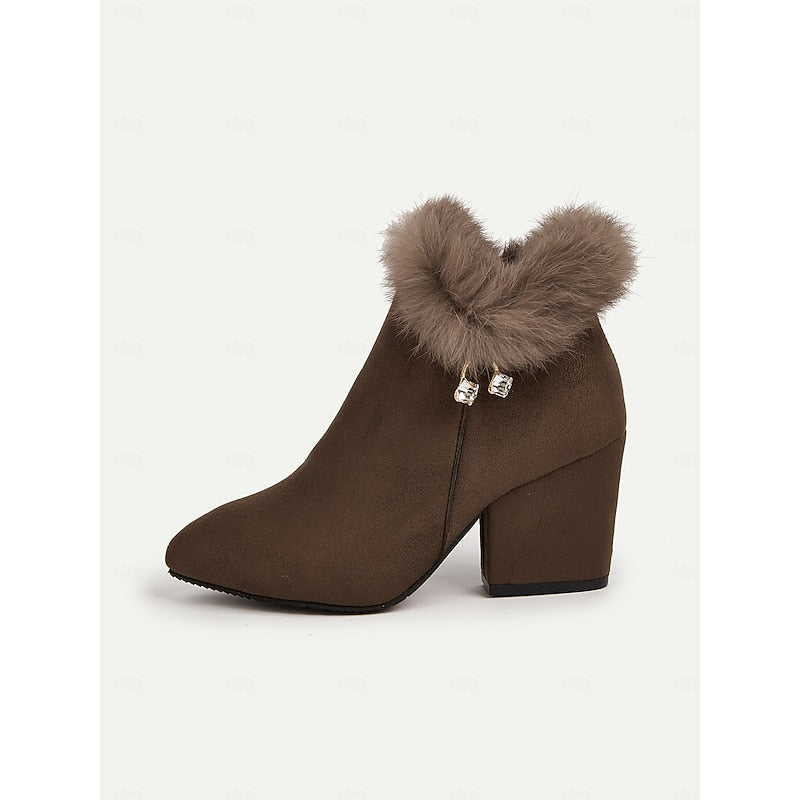 Ankle Boots Suede Faux Fur Block Heel Women's – Casual, Office, Holiday, Gift · Werune