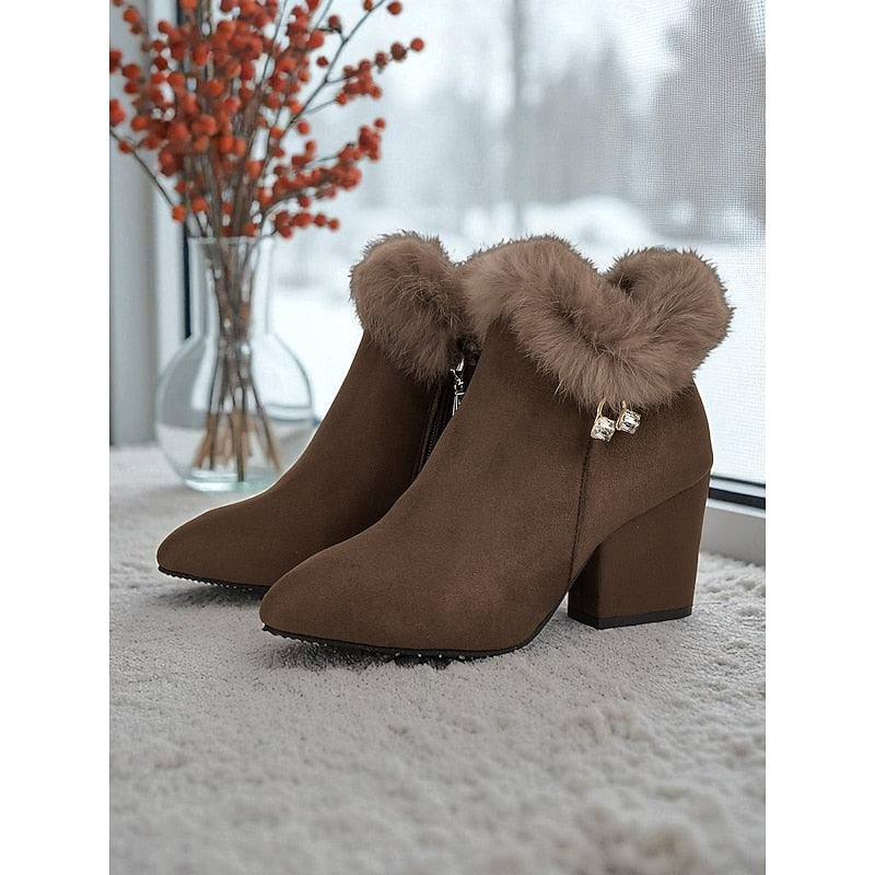 Ankle Boots Suede Faux Fur Block Heel Women's – Casual, Office, Holiday, Gift · Werune