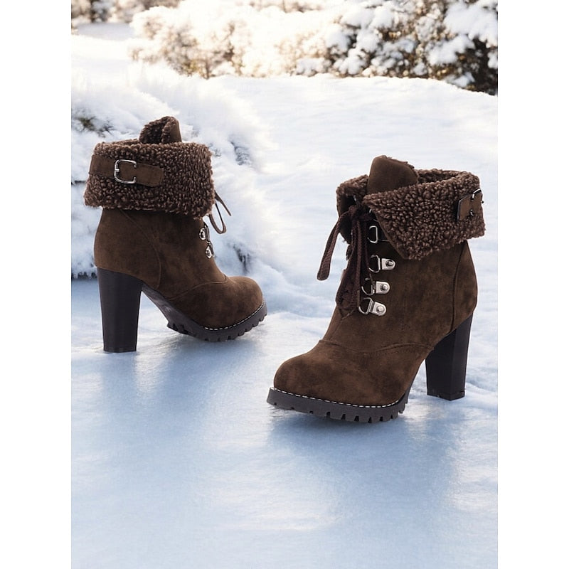 Ankle Boots Suede Fur-Trimmed Lace-Up Block Heel Women's – Winter, Casual, Holiday, Gift