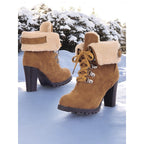 Ankle Boots Suede Fur-Trimmed Lace-Up Block Heel Women's – Winter, Casual, Holiday, Gift