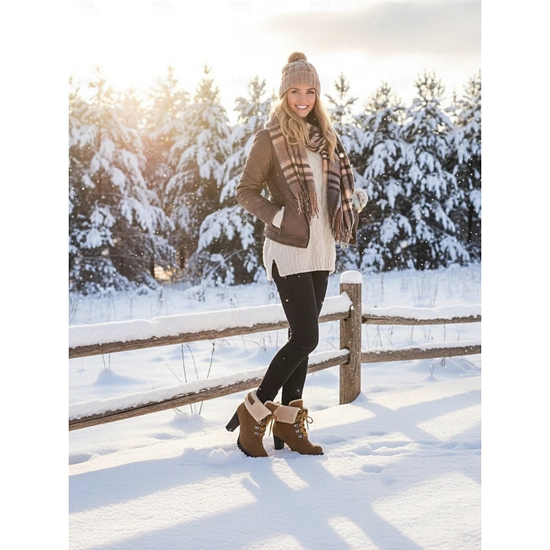 Ankle Boots Suede Fur-Trimmed Lace-Up Block Heel Women's – Winter, Casual, Holiday, Gift