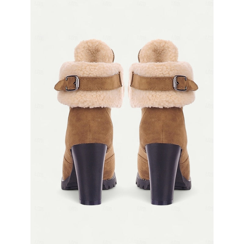 Ankle Boots Suede Fur-Trimmed Lace-Up Block Heel Women's – Winter, Casual, Holiday, Gift