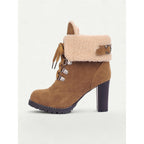Ankle Boots Suede Fur-Trimmed Lace-Up Block Heel Women's – Winter, Casual, Holiday, Gift