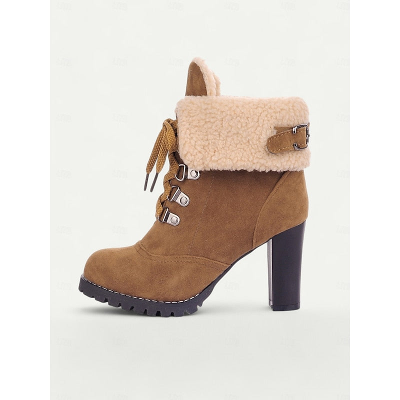 Ankle Boots Suede Fur-Trimmed Lace-Up Block Heel Women's – Winter, Casual, Holiday, Gift
