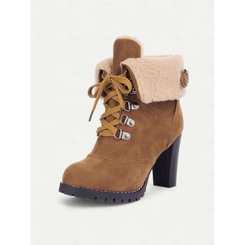 Ankle Boots Suede Fur-Trimmed Lace-Up Block Heel Women's – Winter, Casual, Holiday, Gift