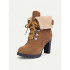 Ankle Boots Suede Fur-Trimmed Lace-Up Block Heel Women's – Winter, Casual, Holiday, Gift