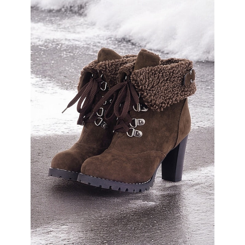 Ankle Boots Suede Fur-Trimmed Lace-Up Block Heel Women's – Winter, Casual, Holiday, Gift