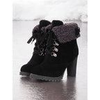 Ankle Boots Suede Fur-Trimmed Lace-Up Block Heel Women's – Winter, Casual, Holiday, Gift