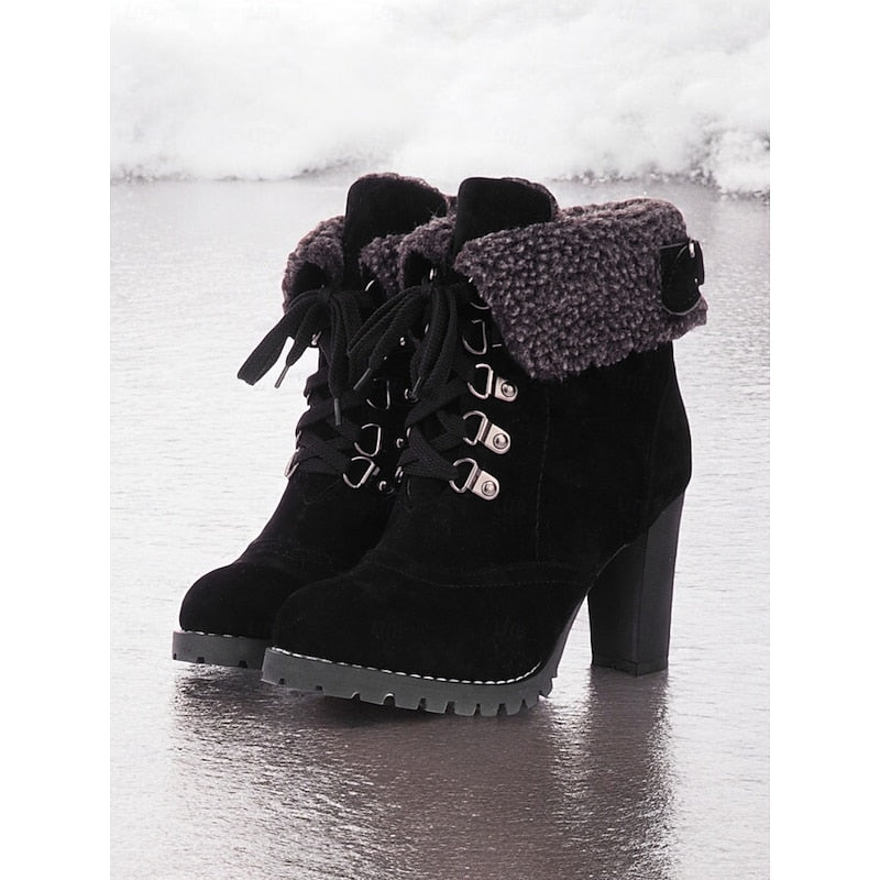 Ankle Boots Suede Fur-Trimmed Lace-Up Block Heel Women's – Winter, Casual, Holiday, Gift