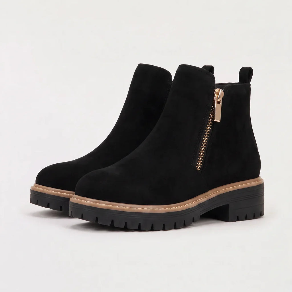 Ankle Boots Women's Black Suede Side Zip Chunky Lug Sole – Casual, Office, Holiday