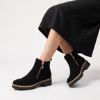 Ankle Boots Women's Black Suede Side Zip Chunky Lug Sole – Casual, Office, Holiday