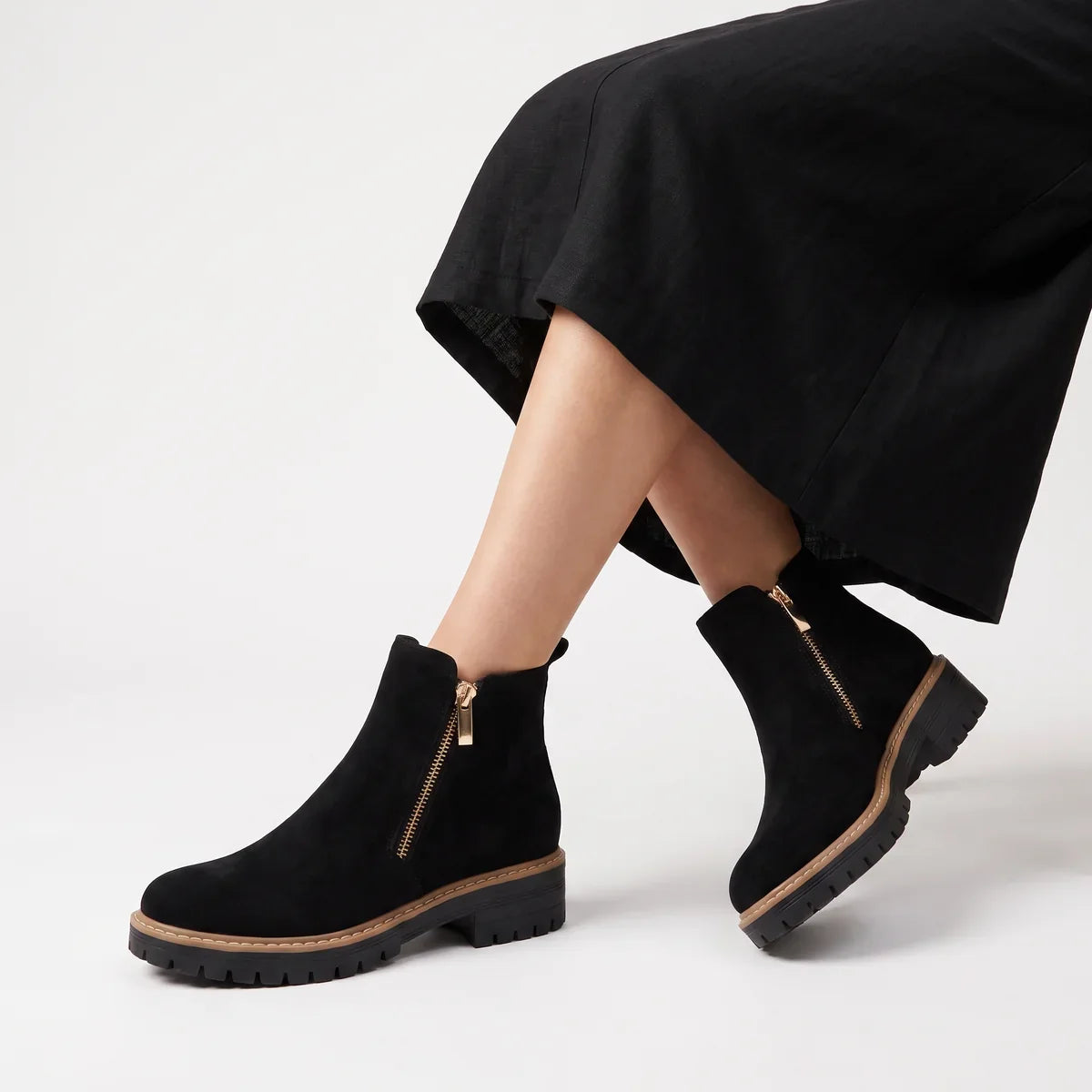 Ankle Boots Women's Black Suede Side Zip Chunky Lug Sole – Casual, Office, Holiday