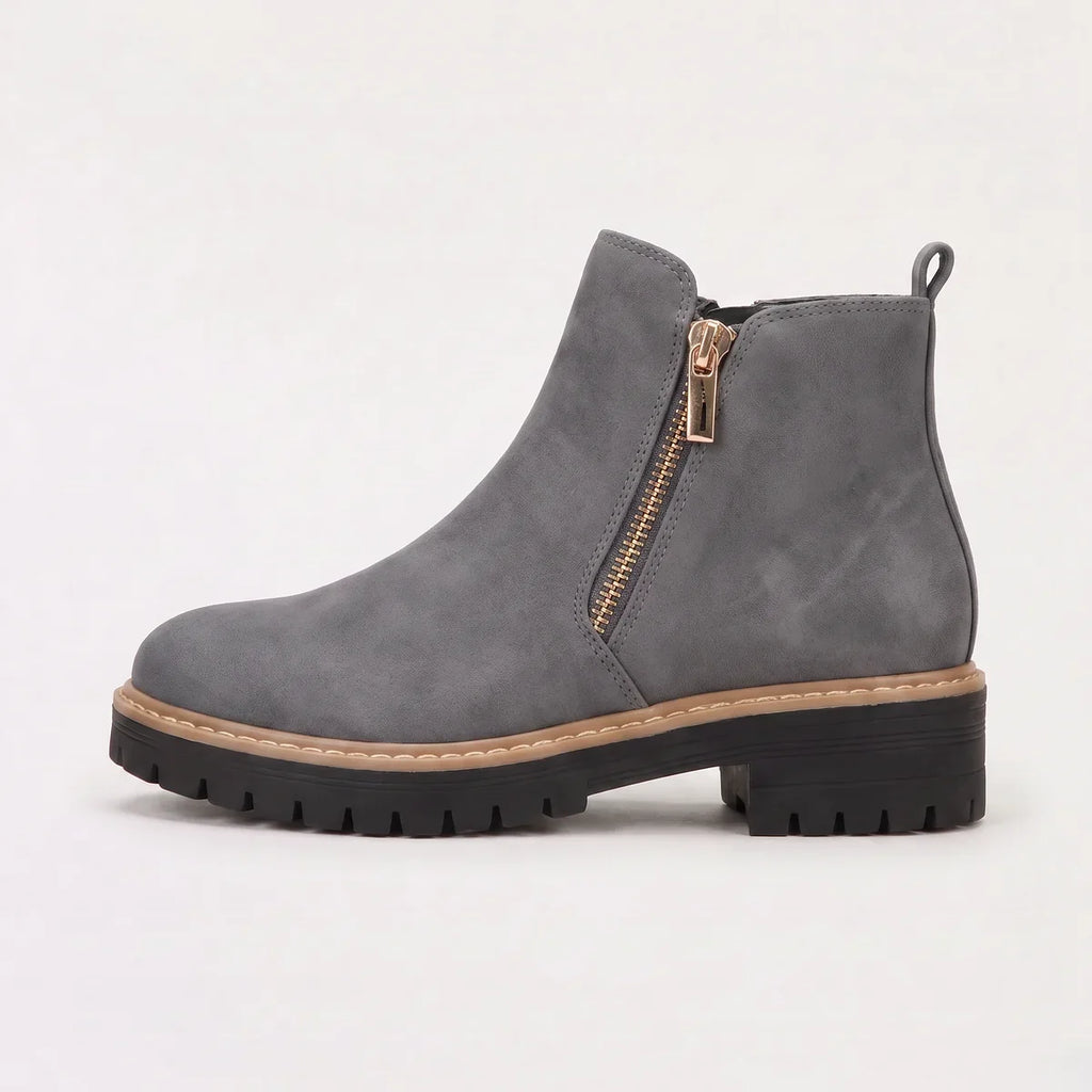 Ankle Boots Women's Black Suede Side Zip Chunky Lug Sole – Casual, Office, Holiday